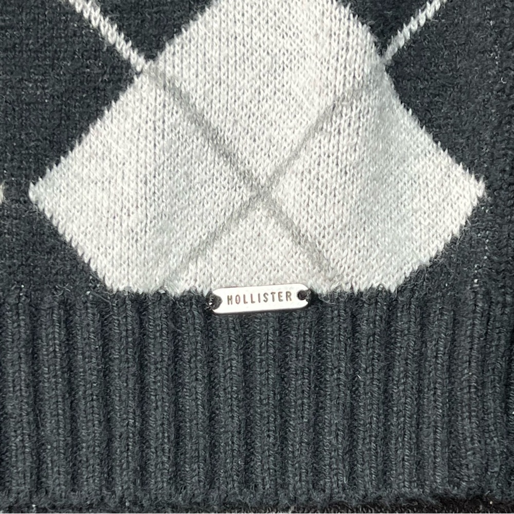 Hollister Full Zip Hooded Argyle Sweater  Women’s Sz. Med Black White Silver - Picture 3 of 6
